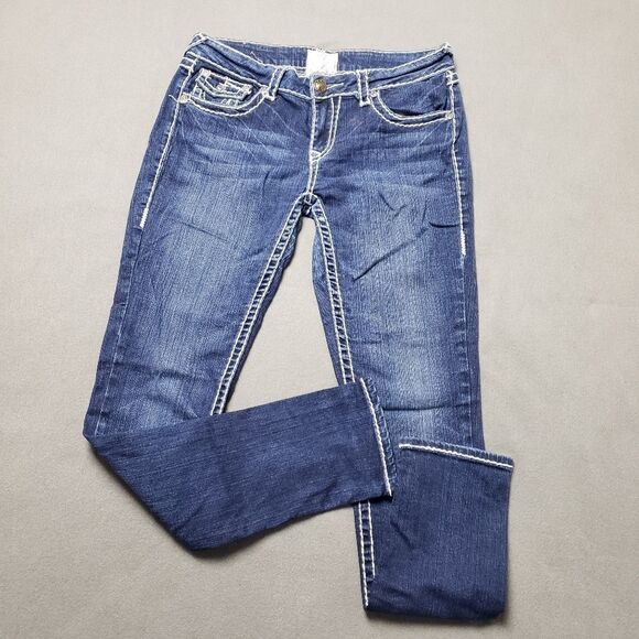 L.A. IDOL Thick Stitching Bling SKINNY JEANS sz 9 / 31 CRYSTAL STUDS Flap pocket - Picture 4 of 16